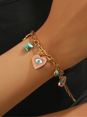 18k gold plated - Heart Evil Eye Charm Bracelet in Pink and Turquoise Accent